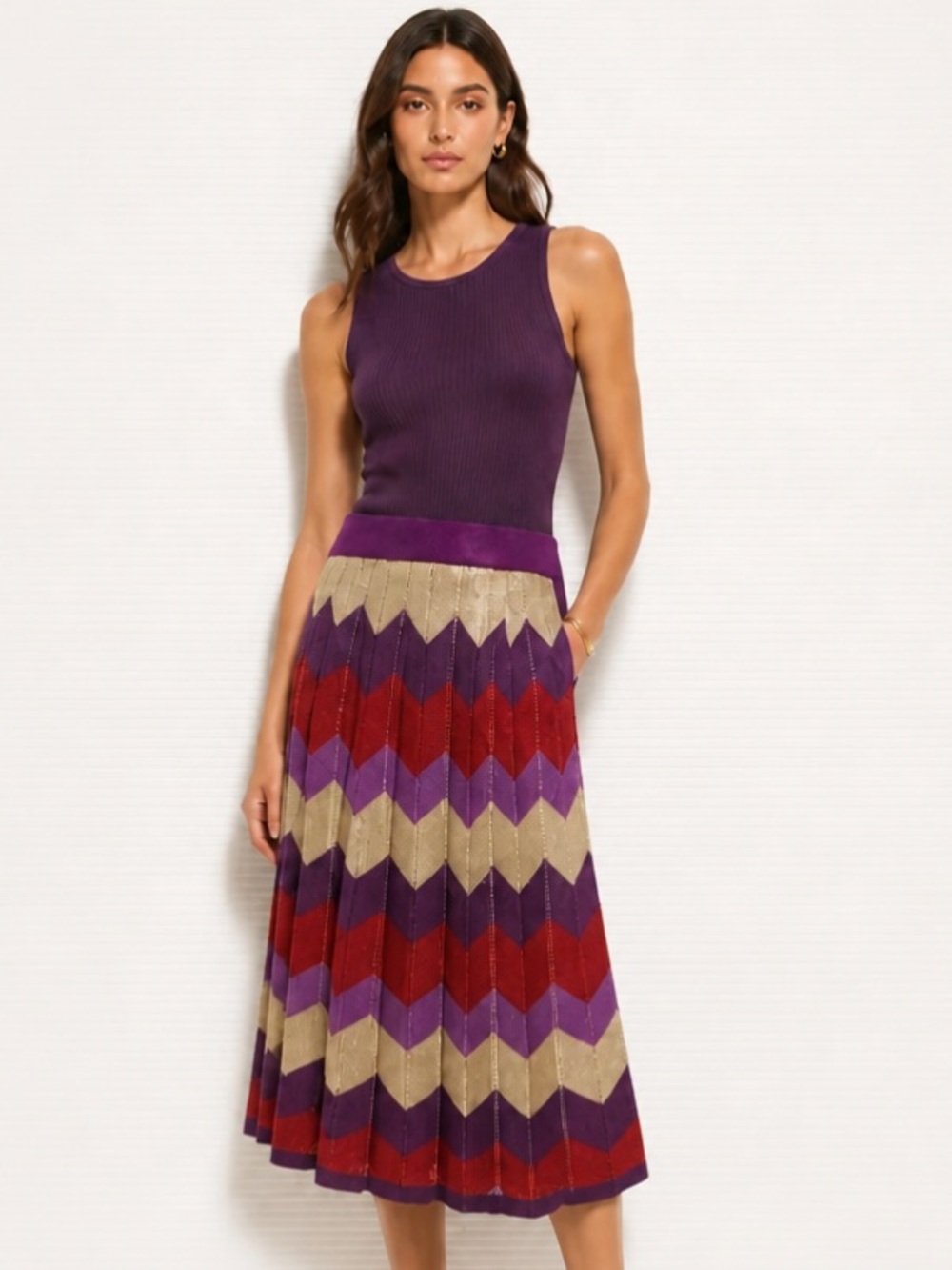 BEBE Skirt Flare Chevron Metallic Split Front Pull On Stretch Purple Red